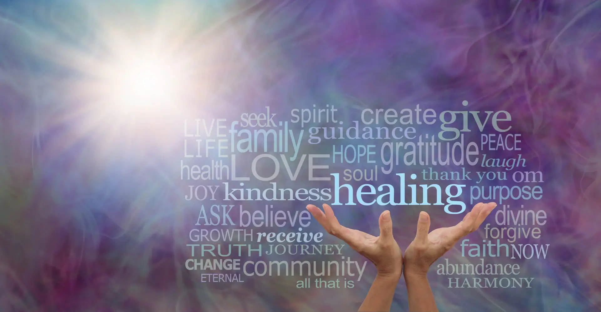 female hands reaching up to the word HEALING surrounded by a relevant word cloud with a sun burst and wispy multi coloured energy field background